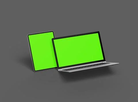3d render of laptop and tablet with green screen on a dark background Stock Illustration