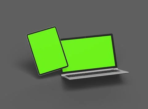 3d render of laptop and tablet with green screen on a dark background Stock Illustration