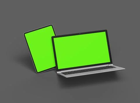 3d render of laptop and tablet with green screen on a dark background Stock Illustration