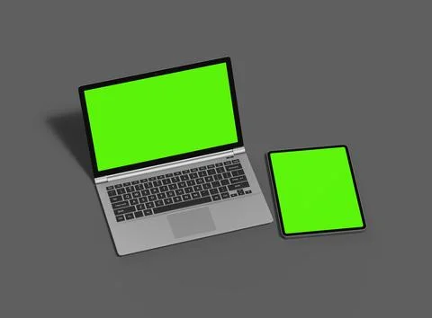 3d render of laptop and tablet with green screen on a dark background Stock Illustration
