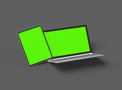3d render of laptop and tablet with green screen on a dark background Stock Illustration