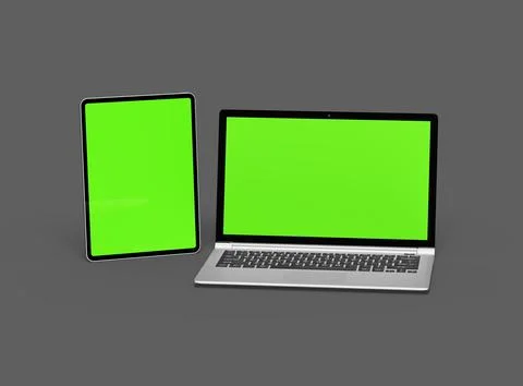 3d render of laptop and tablet with green screen on a dark background Stock Illustration