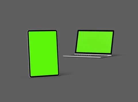 3d render of laptop and tablet with green screen on a dark background Stock Illustration