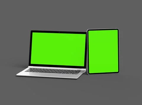 3d render of laptop and tablet with green screen on a dark background Stock Illustration