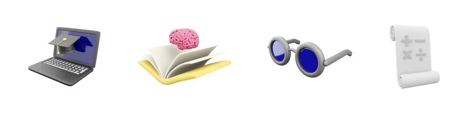 3d render laptop, brain on book, glasses, paper roll icon set on white Stock Illustration