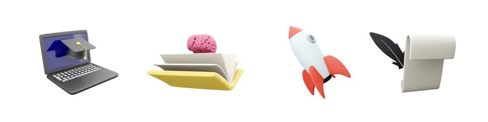 3d render laptop, brain in folder, rocket, paper roll icon set on white Stock Illustration