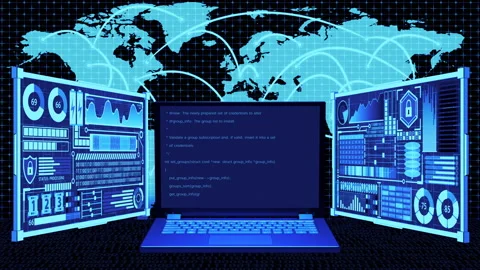 3D Render Laptop Coding/Hacking and HUD on World map Connection background Stock Footage 133792995