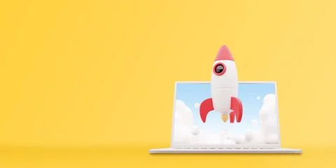 3d render laptop computer screen and rocket illustration design over a yellow Illustrazione stock