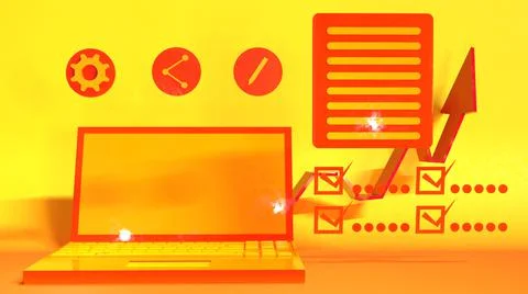 3D Render, laptop with document, online icon, graph, and checklist icon Stock Illustration