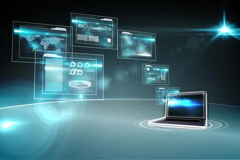 3D render laptop is floating on glowing platform with holographic world map and Stock Illustration