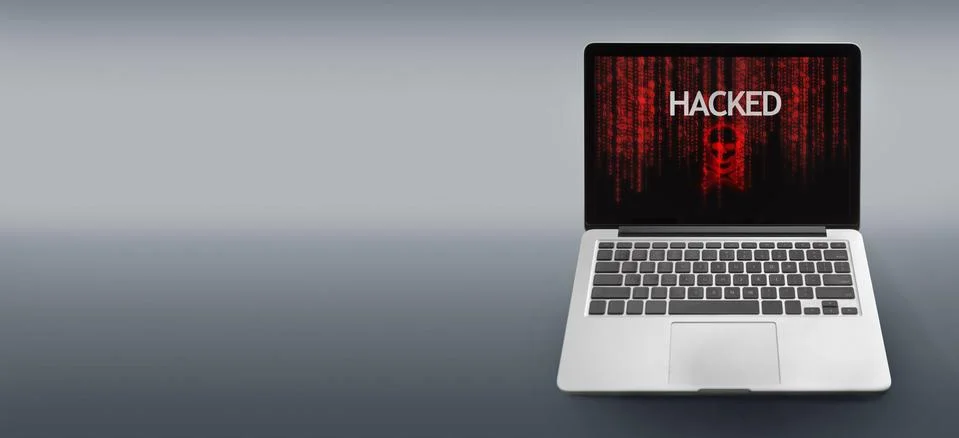 3d render of laptop with hacking alert on screen Stock Photos