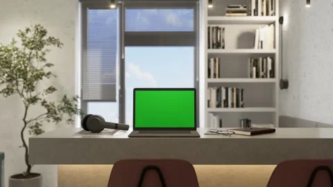 3d render. The laptop is lying on a table with a green screen Stock Footage 254799499