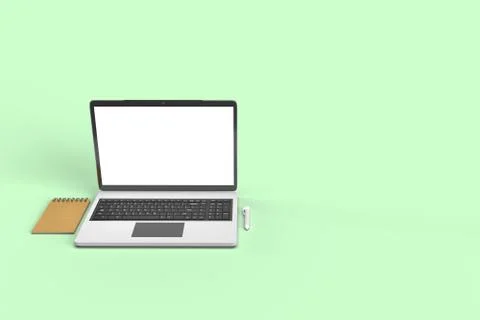 3d render of a laptop notebook and a pencil in a light green solid background Stock Illustration