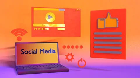3D Render, laptop online streaming for social media, with online icon Stock Illustration