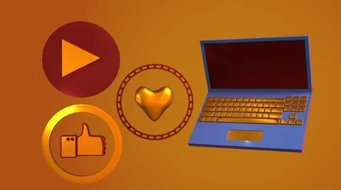 3D Render, laptop online with thumb up icon, play icon, and love icon Stock Illustration