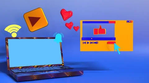 3D Render, laptop online video streaming website, with online icon Stock Illustration