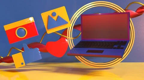 3D Render, laptop with picture icon camera icon, love icon, thumb up icon Stock Illustration
