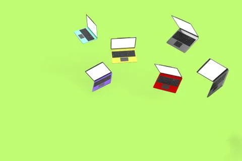 3d render of laptops of bright matte color bodies falling and flying in air t Stock Illustration