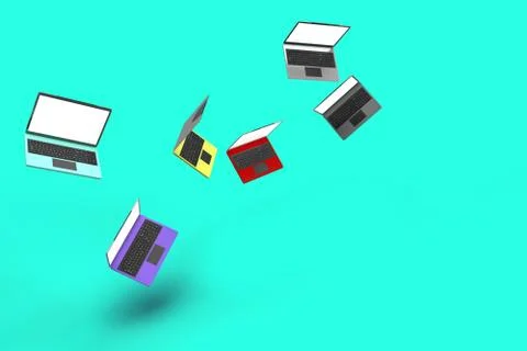3d render of laptops of bright matte color bodies falling and flying in air t Stock Illustration