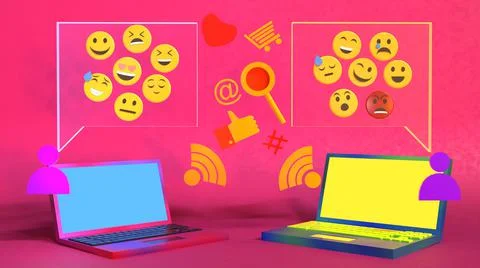 3D Render, laptops chatting with emoticons, and online icons Stock Illustration