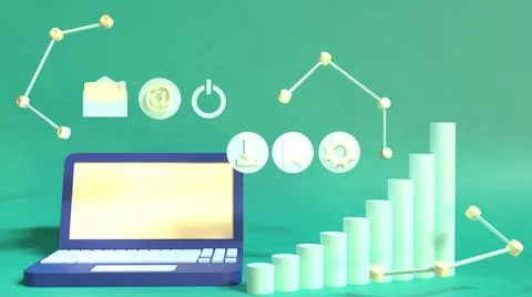 3D Render, laptops with online icon, and growth graph Illustrazione stock