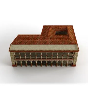 3D render of a large brick building with red terracotta roof and columns on the Ilustración de archivo
