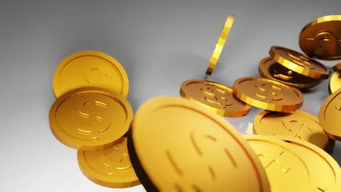3D Render large of gold coins moving with white background Stock Illustration