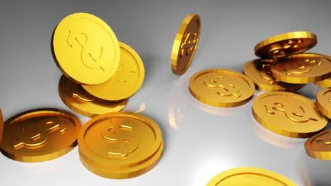 3D Render large of gold coins moving with white background Stock Illustration