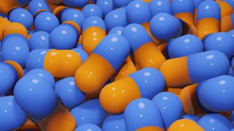 3d render large number of orange and blue glossy capsules for covid concept Stock Illustration