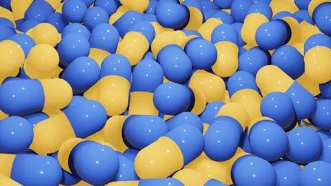 3d render large number of orange and blue glossy capsules for covid concept Stock Illustration