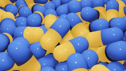 3d render large number of orange and blue glossy capsules for covid concept Stock Illustration