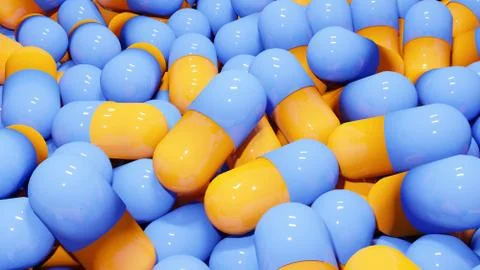 3d render large number of orange and blue glossy capsules for covid concept Stock Illustration