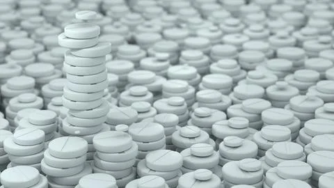 3D render of a large pile of white pharmaceutical tablets with a single sta.. Stock Illustration