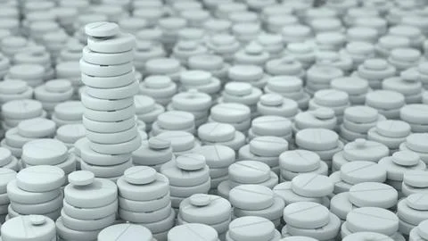 3D render of a large pile of white pharmaceutical tablets with a single sta.. Stock Illustration