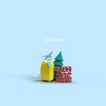 3d render of a large red qr-code next to a yellow suitcase, an airplane and  写真素材