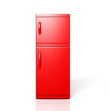 3D render of large red refrigerator isolated one white Ilustración de archivo