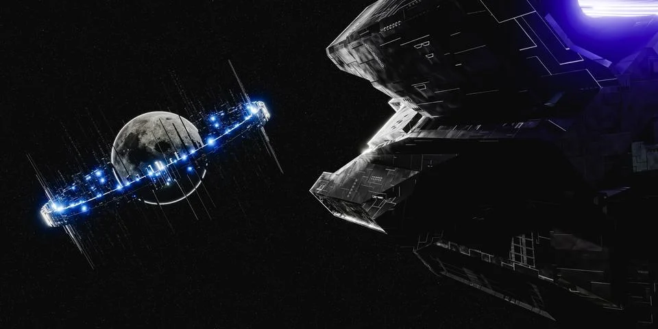 3D render of large spacecraft flying to futuristic satellite ring glowing wit Stock Illustration