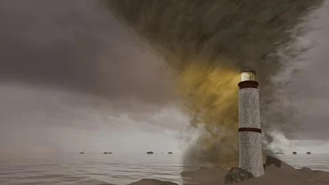 3d render of large tornado looking over lighthouse 스톡 일러스트