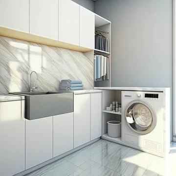 3D render laundry cabinet with washing machine and space Stock Illustration