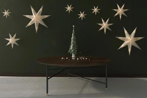 3d render of a leaf Christmas tree and stars Illustrazione stock