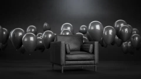 3d render of leather armchair or sofa in black room with black balloons. Dark Stock Illustration