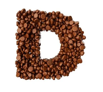 3D render of the letter D made of chocolate bits on a white background Illustrazione stock