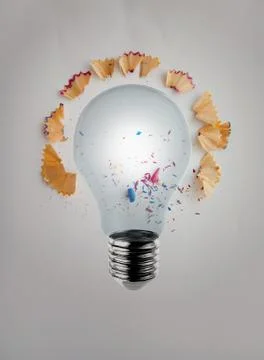 3d render light bulb with pencil saw dust on paper background as creative con Stock-Illustration