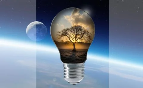 A 3d render of a light bulb reflecting a tree on sunset and the space on back Stock Photos