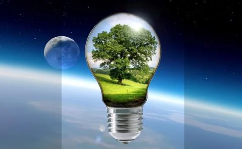 A 3d render of a light bulb reflecting a tree in spring and the space on back Stock Photos