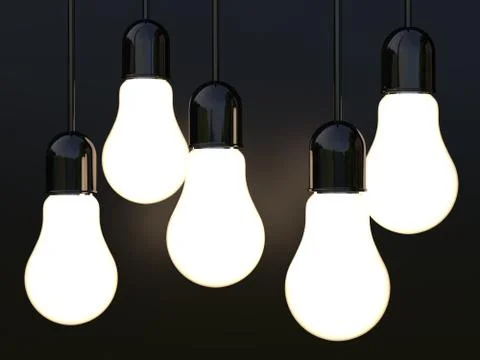 3d render of light incandescent bulbs glowing on black Illustrazione stock