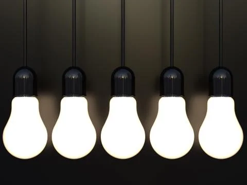 3d render of light incandescent bulbs glowing on black Stock Illustration