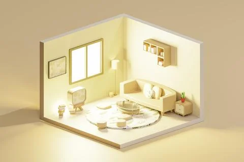 3D render of light living room low poly, isometric view Stock Illustration