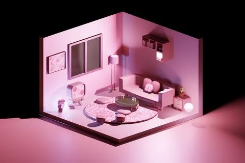 3D render of light living room low poly, isometric view Stock Illustration