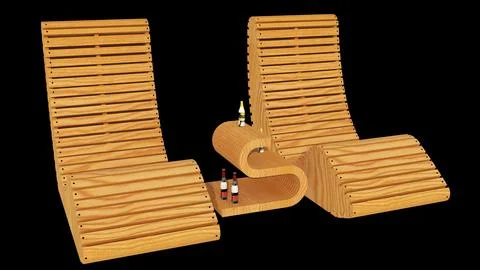 3D Render of Light Wood Slatted Sun Loungers and S-Shaped Table Stock Illustration